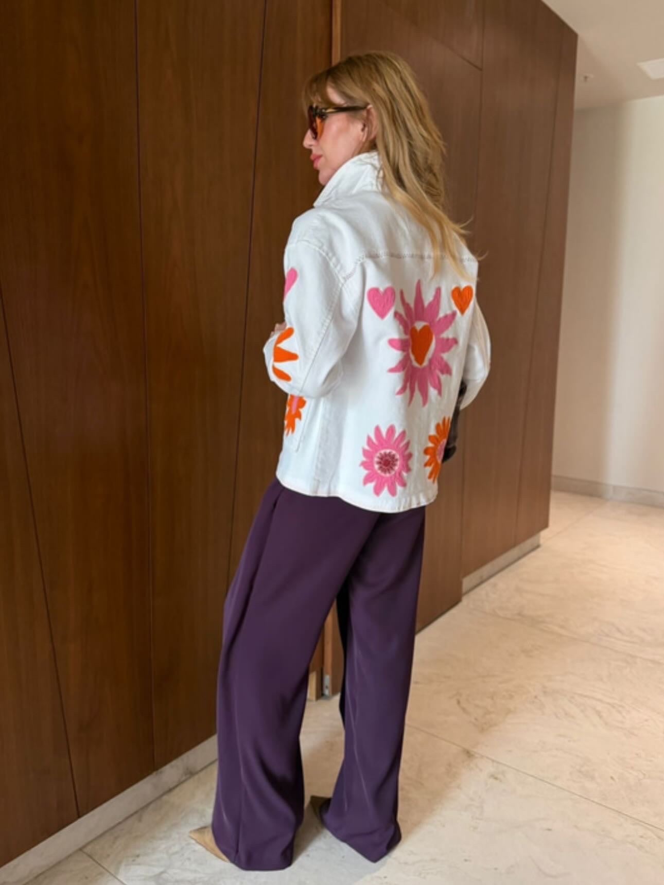 White denim jacket, Thread coloured embriodery detailed