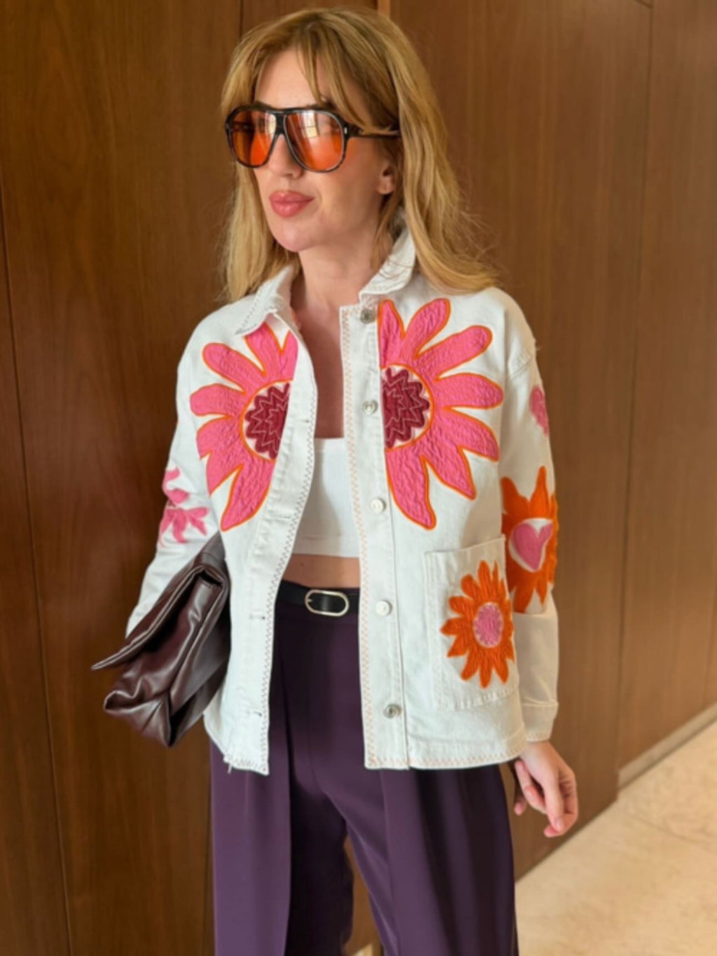 White denim jacket, Thread coloured embriodery detailed