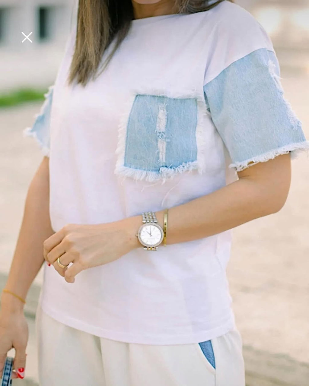 Denim detailed T-shirt