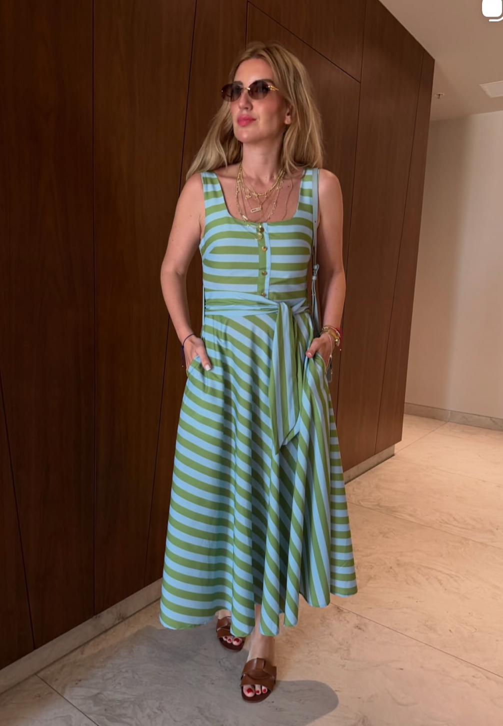Green & Blue Striped Dress with Belt