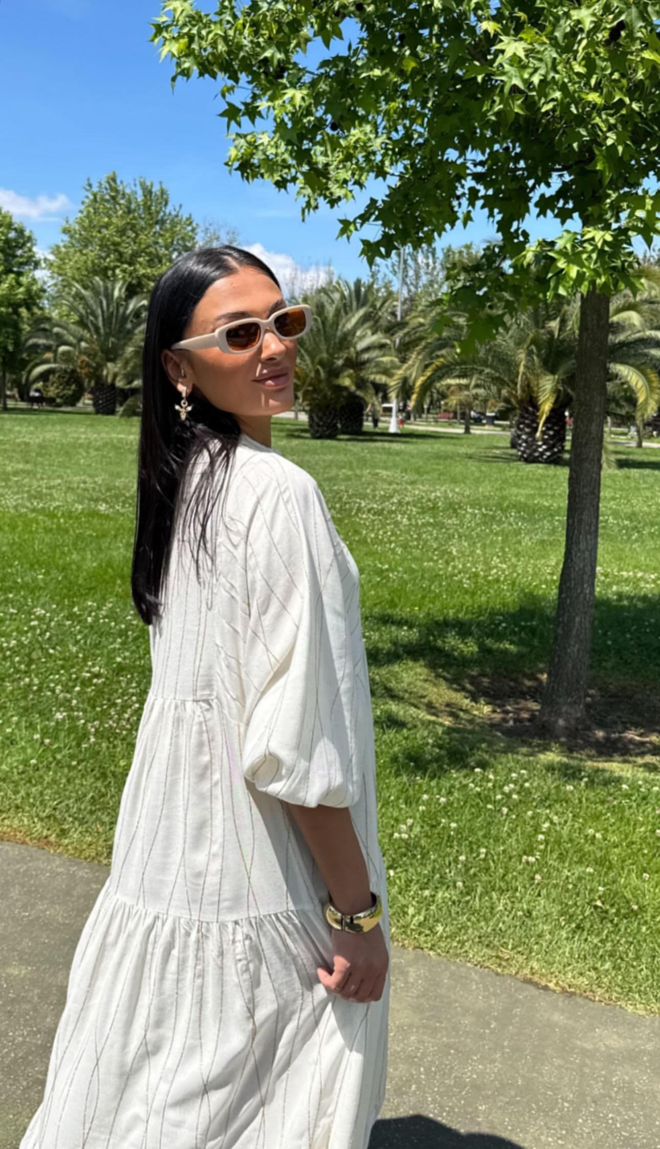 Off-White linen dress with golden embriodery