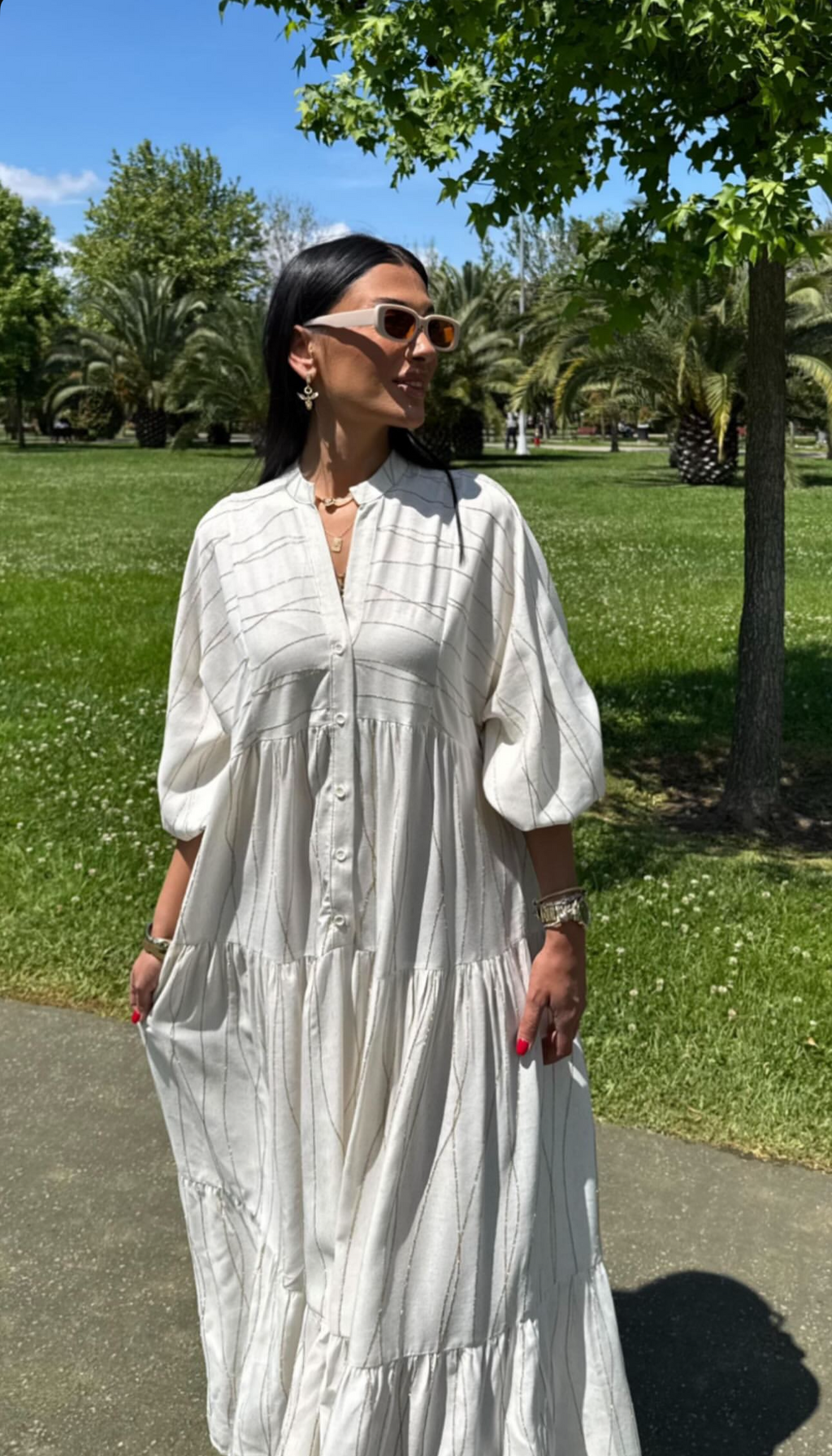 Off-White linen dress with golden embriodery