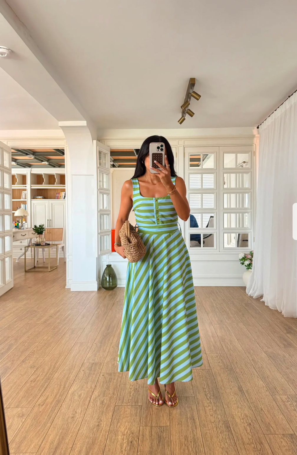 Green & Blue Striped Dress with Belt