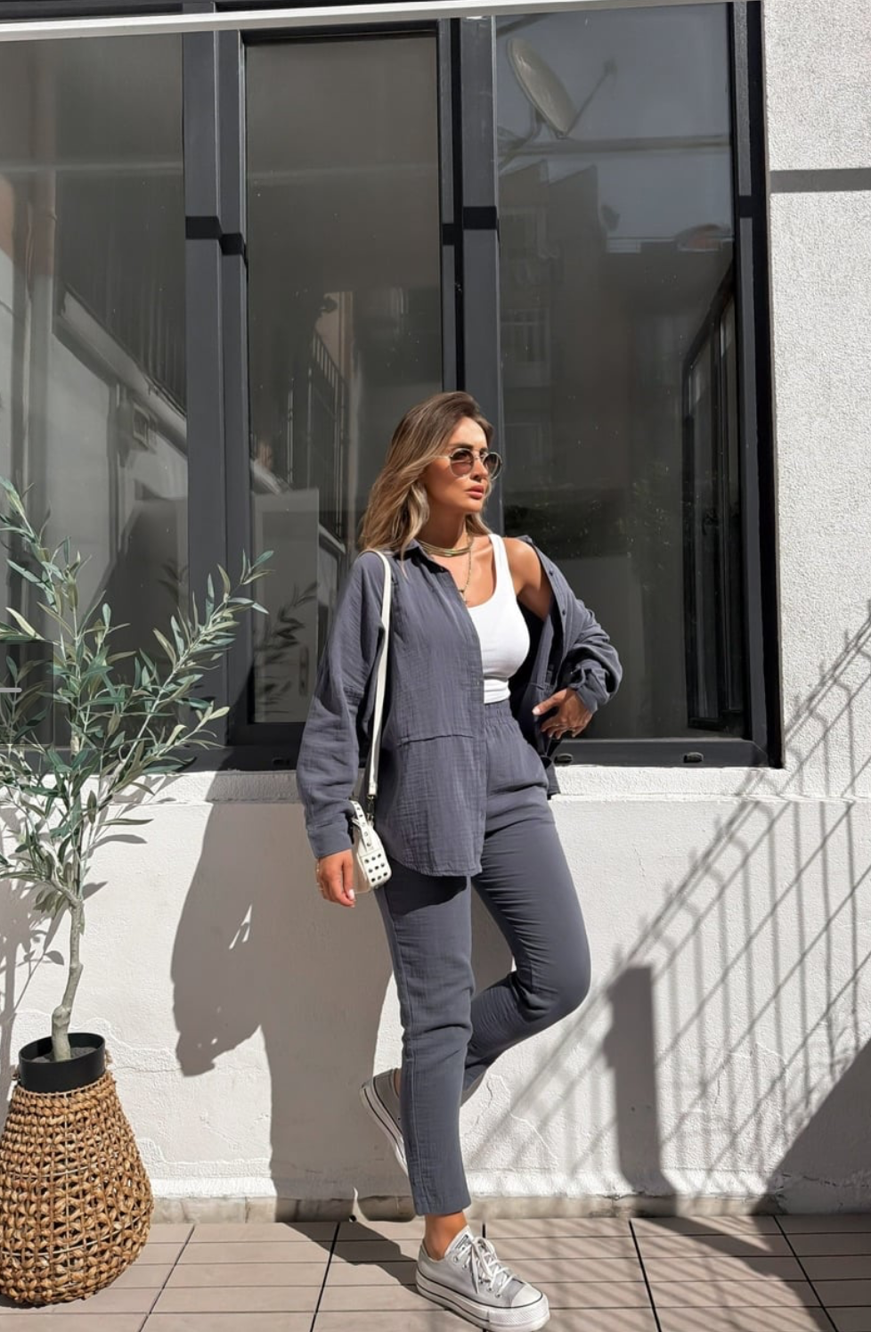 Anthracite Relaxed-Fit Muslin Shirt & Pants Set