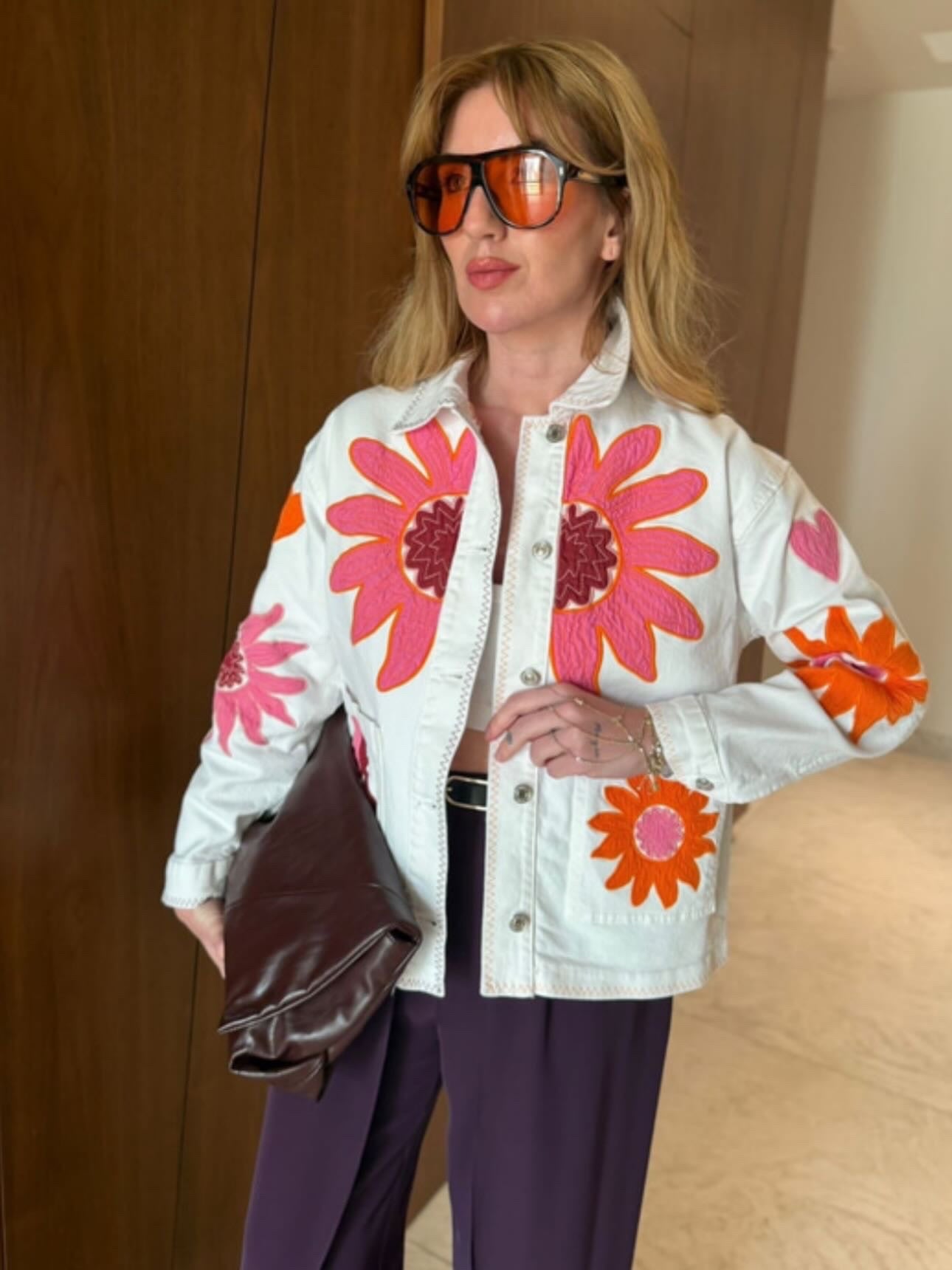 White denim jacket, Thread coloured embriodery detailed