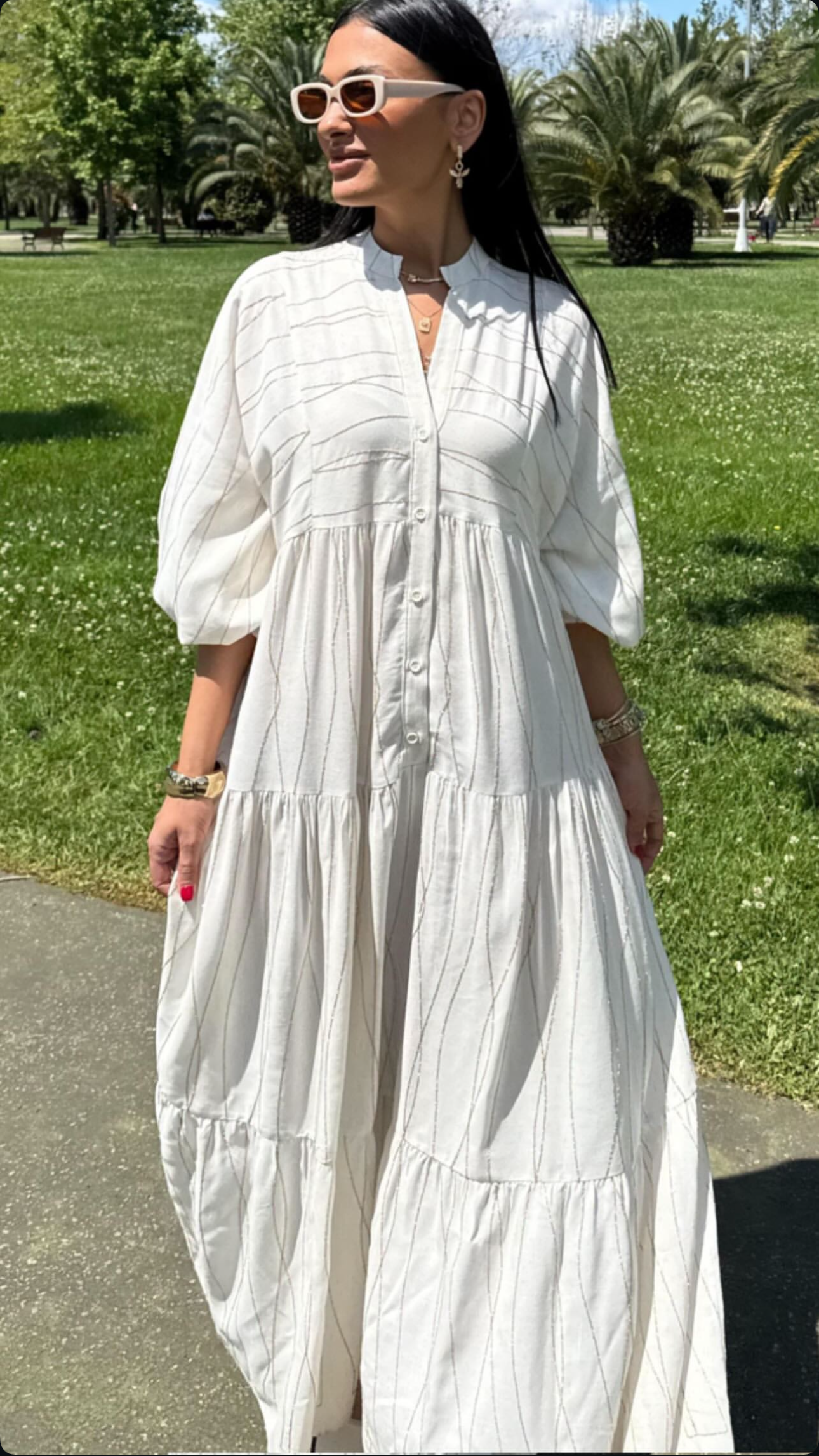 Off-White linen dress with golden embriodery