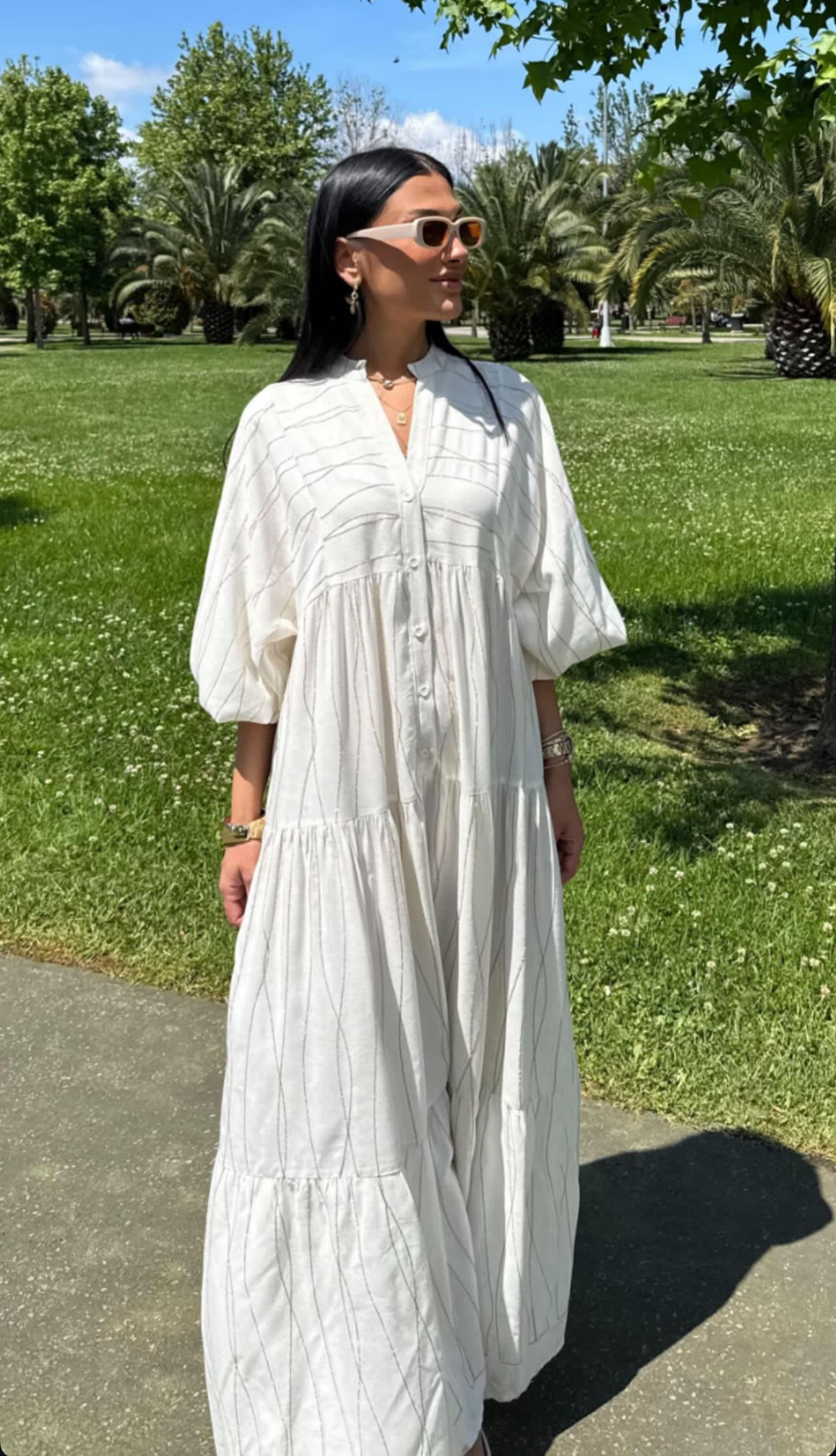 Off-White linen dress with golden embriodery