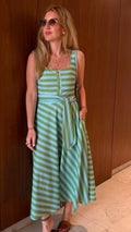 Green & Blue Striped Dress with Belt