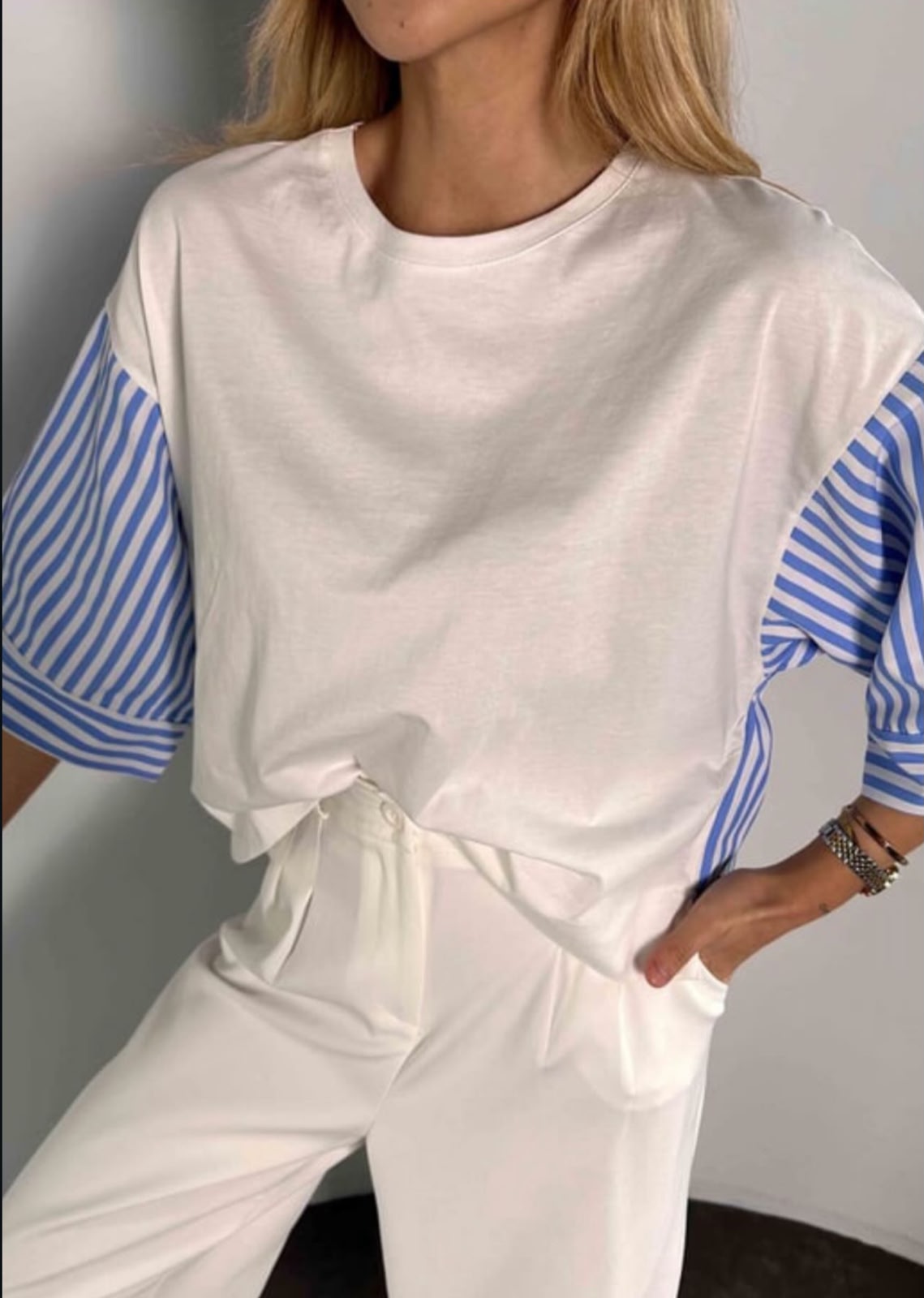 White Front - Striped Back Oversized Crop top