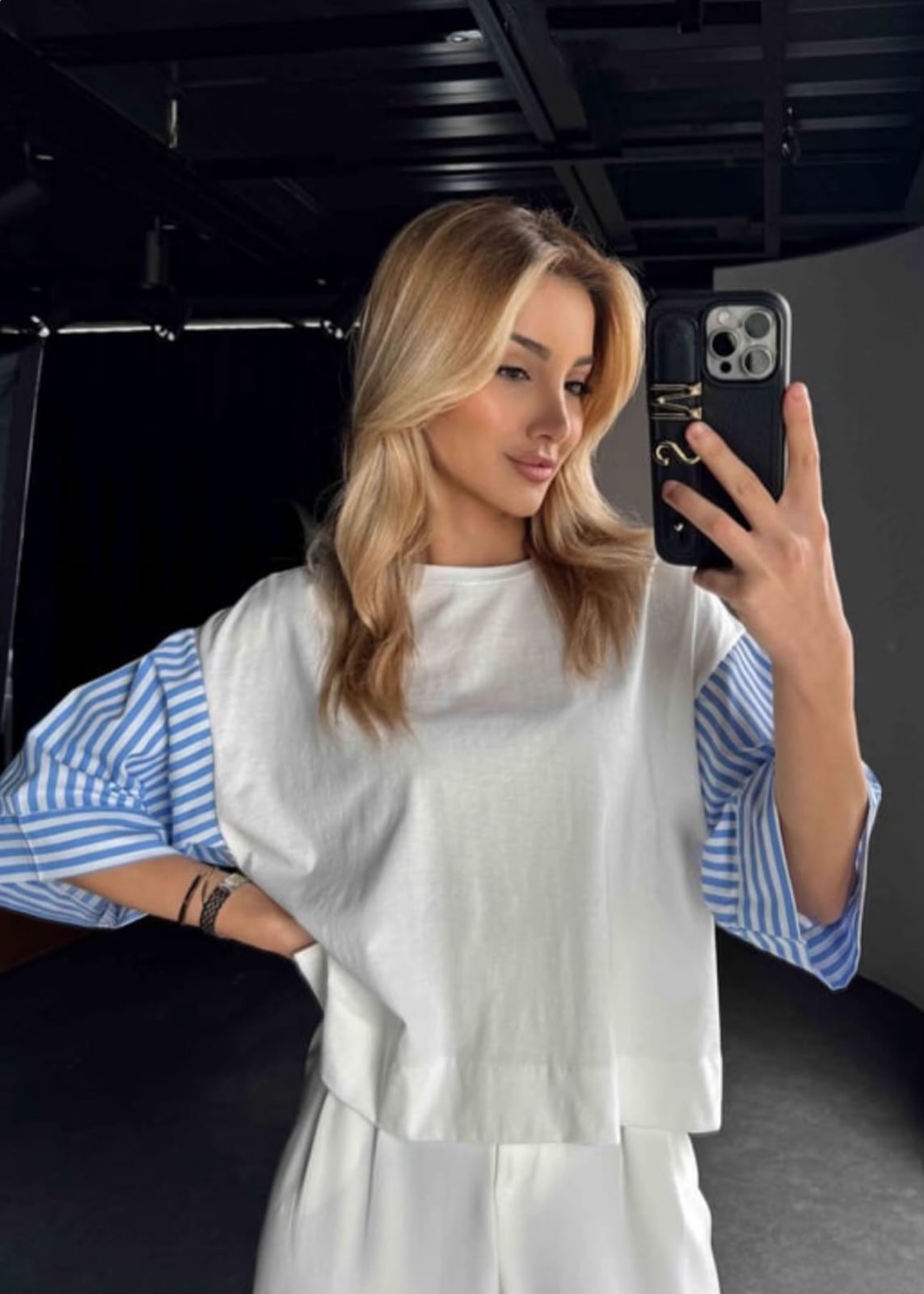 White Front - Striped Back Oversized Crop top