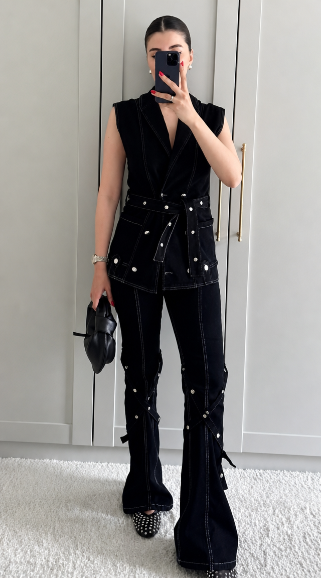 Chic Belted Sleeveless Denim Set